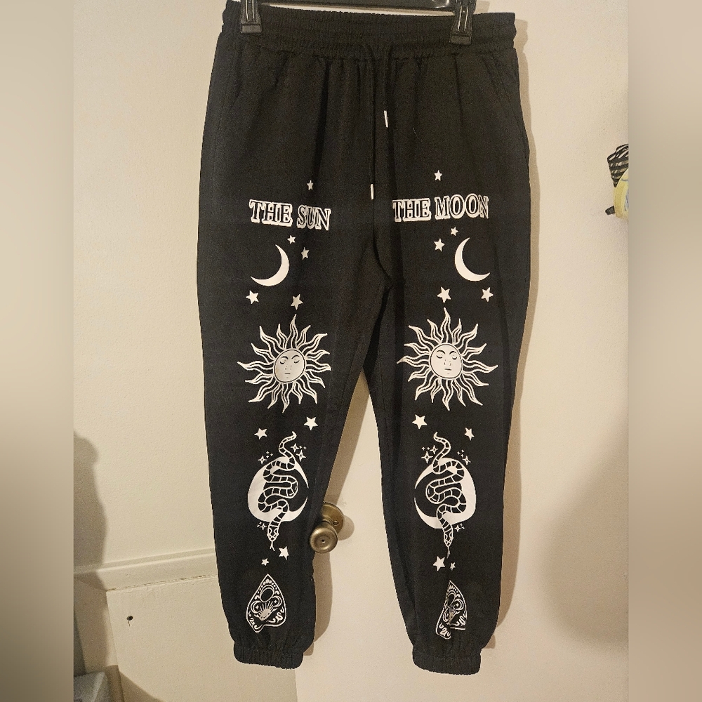 Black Womens Joggers with Sun and Moon Design